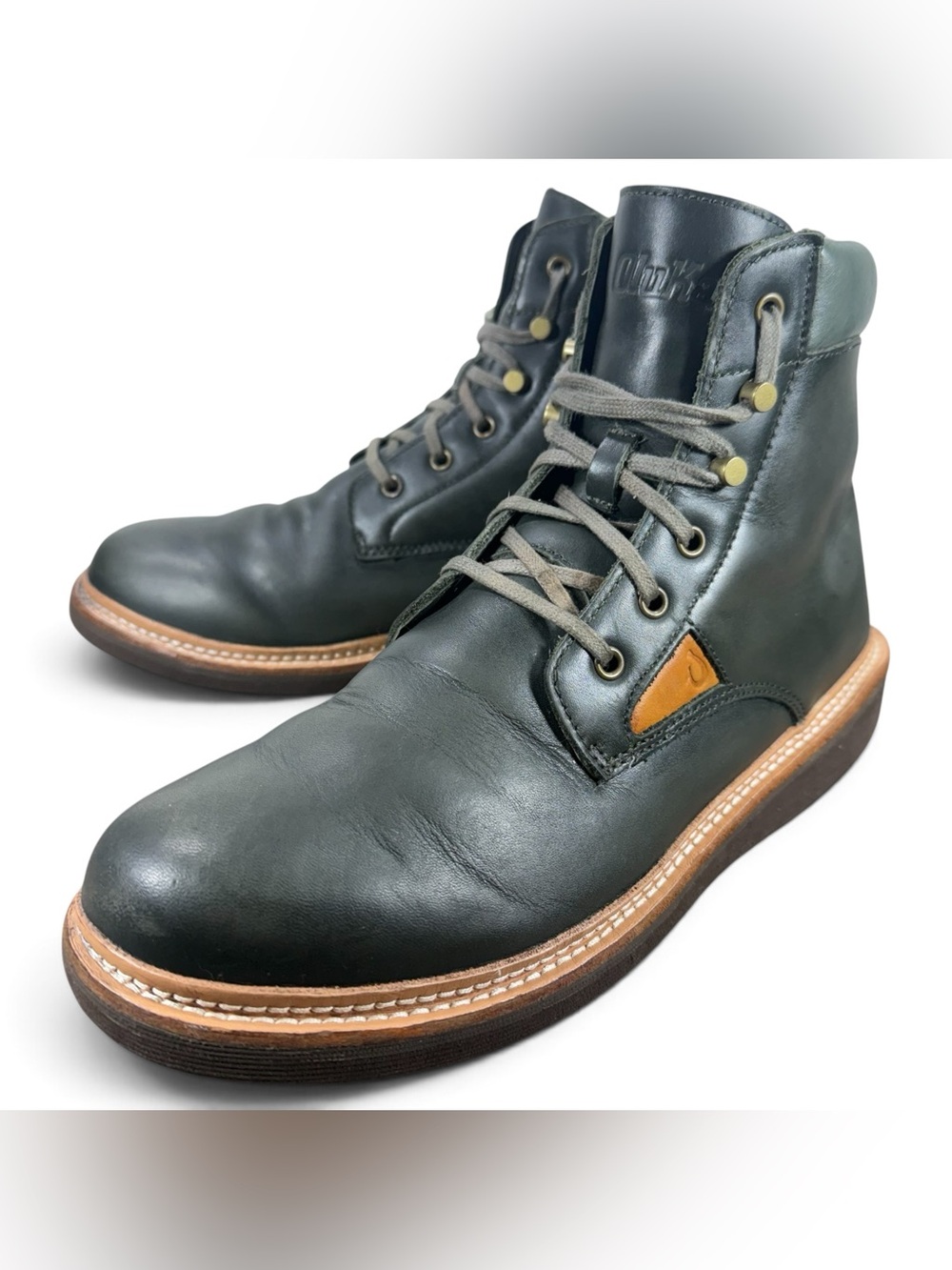 Olukai Kilakila Men’s Size 12 Green Tan Leather Combat Motorcycle Boots